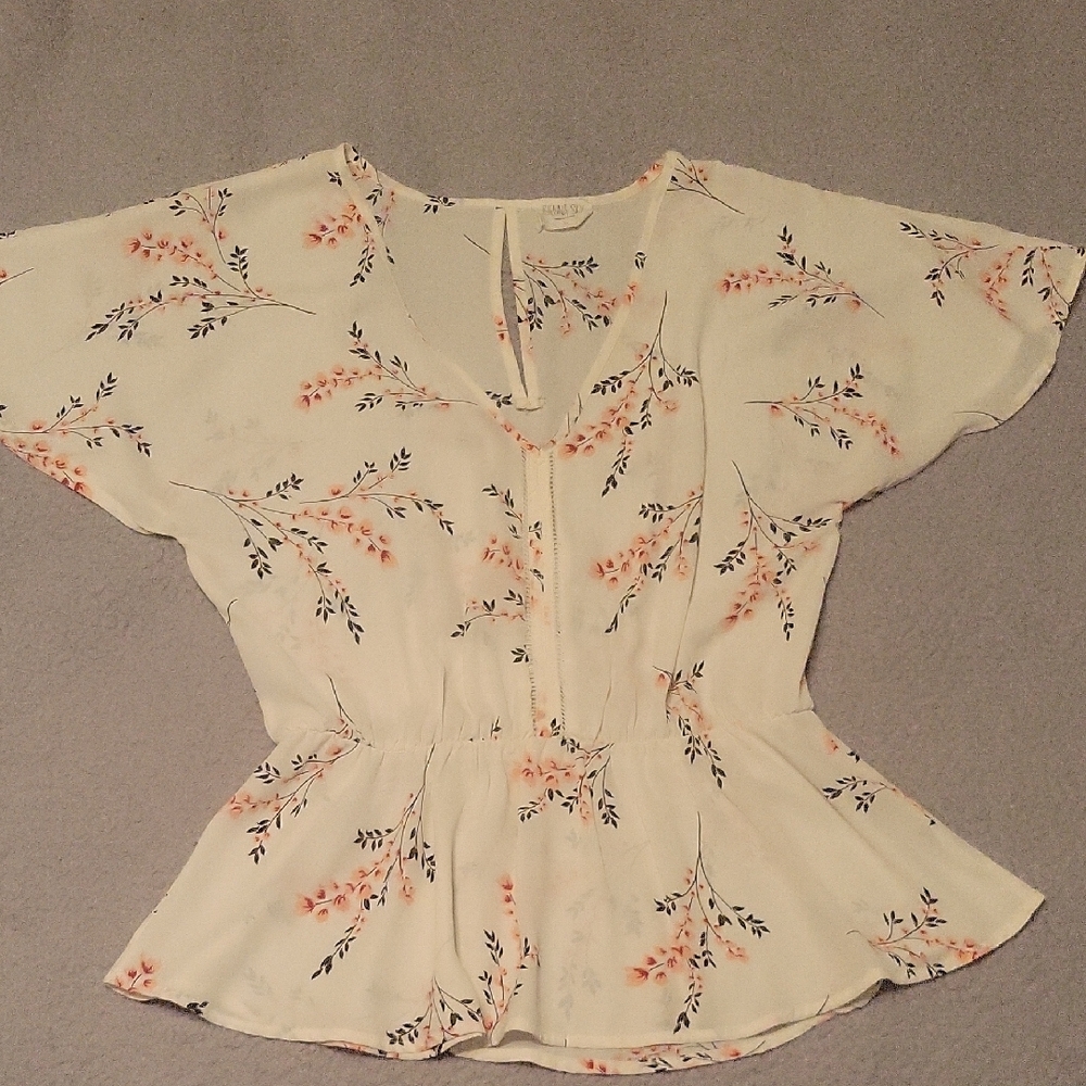 Sienna Sky Cream Peplum Blouse with Flutter Cap Sleeves
